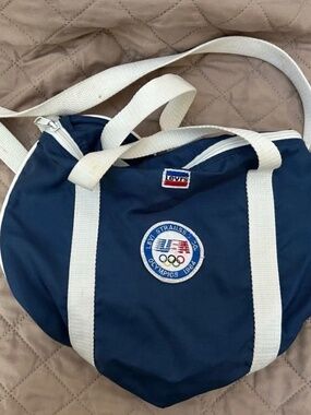 Navy Blue Round 1984 Olympics Shoulder Bag with White Straps